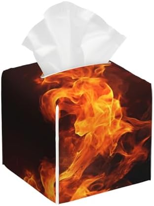 High-Quality Leather Tissue Box Holder - Fiery Orange Flames Energy Print