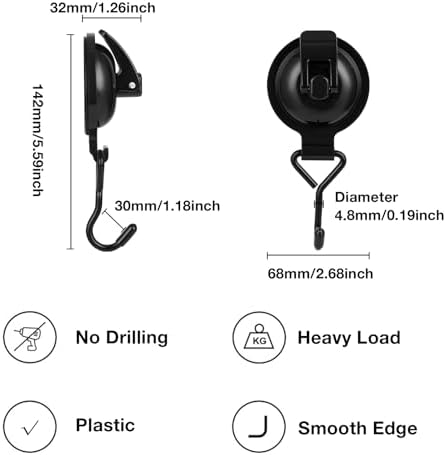 Heavy Duty Vacuum Wreath Hook 13 lbs Shiny Black 2-Pack