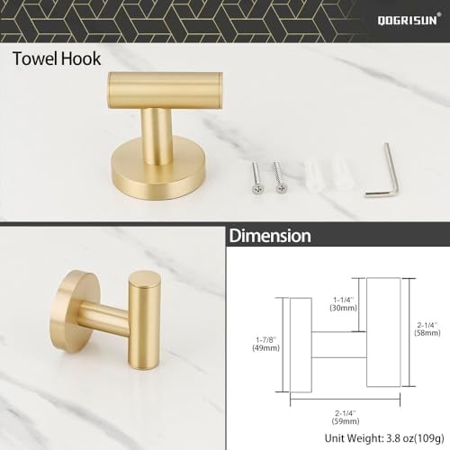 QOGRISUN Brass Towel Hook for Bathroom - Gold Coat Heavy Duty