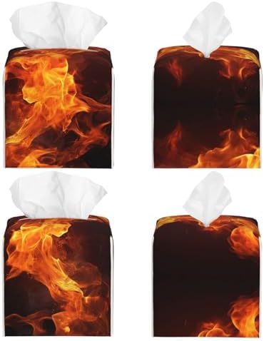 High-Quality Leather Tissue Box Holder - Fiery Orange Flames Energy Print
