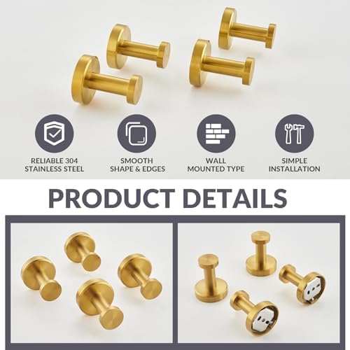 APLusee Round Robe Towel Hook 4Pack 304 Stainless Steel Brushed Gold 15inch