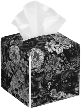 Luwuqiwu Black Cats in a Garden Print Leather Tissue Box Holder