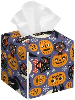 Spooky Cats Halloween Pumpkins Leather Tissue Box Holder