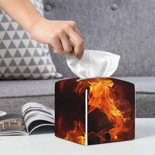 High-Quality Leather Tissue Box Holder - Fiery Orange Flames Energy Print