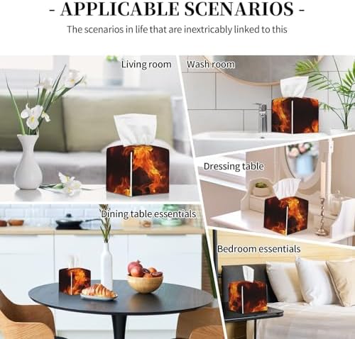 High-Quality Leather Tissue Box Holder - Fiery Orange Flames Energy Print