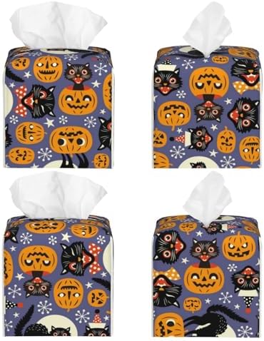 Spooky Cats Halloween Pumpkins Leather Tissue Box Holder