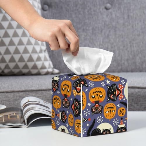 Spooky Cats Halloween Pumpkins Leather Tissue Box Holder