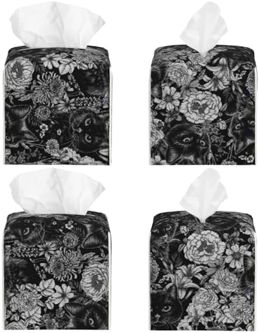 Luwuqiwu Black Cats in a Garden Print Leather Tissue Box Holder