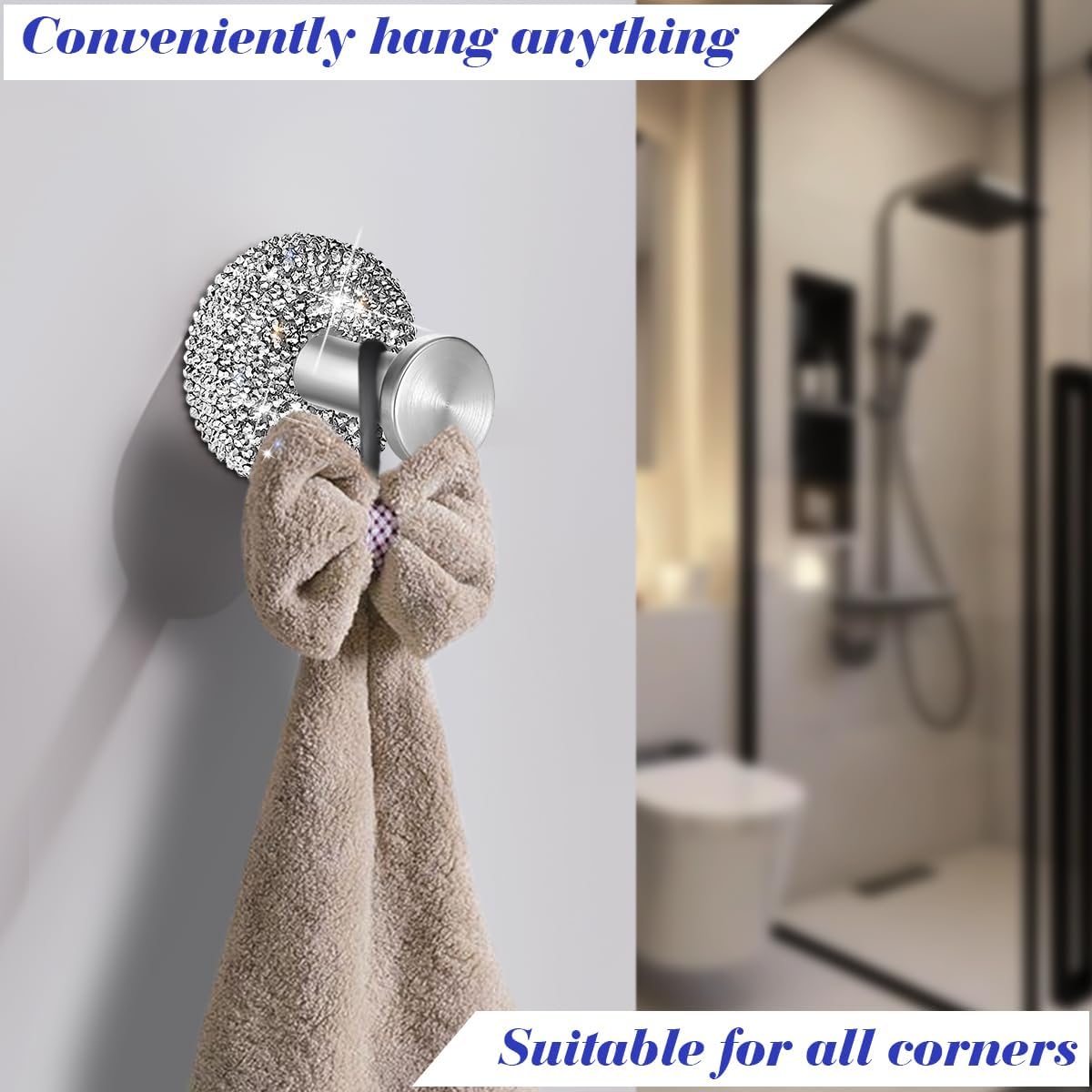 GUFONKOD Polished Matte Chrome Bling Hooks for Shower Bathroom Kitchen Up to 15 lbs - Rhinestone Design