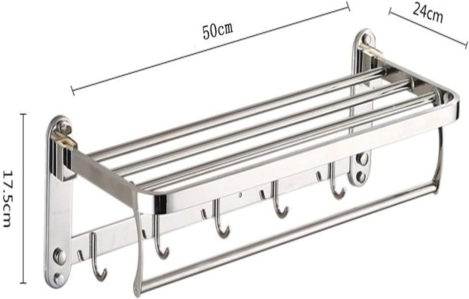 ALDEPO 50cm Collapsible Towel Rail Bathroom or Bedroom Towel Rack with 4 Hanging Hooks Durable Stainless Steel