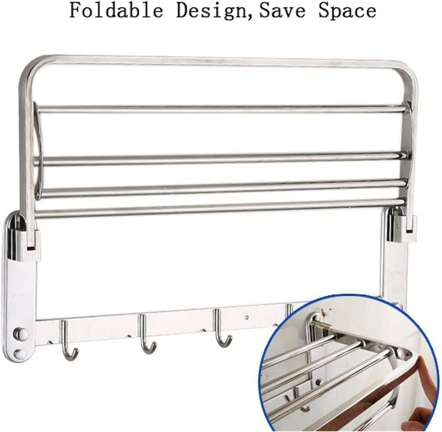 ALDEPO 50cm Collapsible Towel Rail Bathroom or Bedroom Towel Rack with 4 Hanging Hooks Durable Stainless Steel