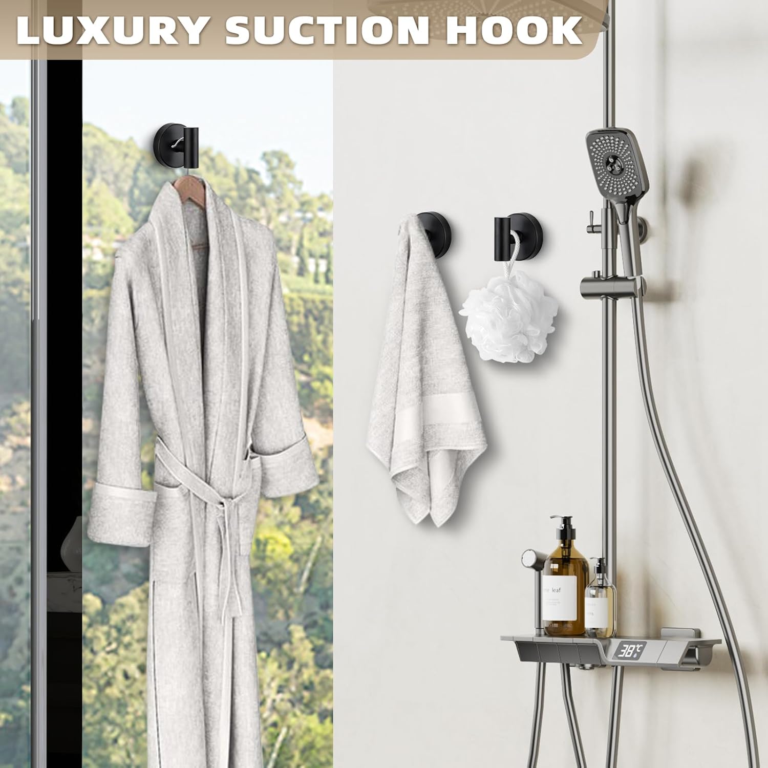 Heavy Duty Suction Cup Shower Hooks for Bathroom - Matte Black 4-Pack with Easy Installation