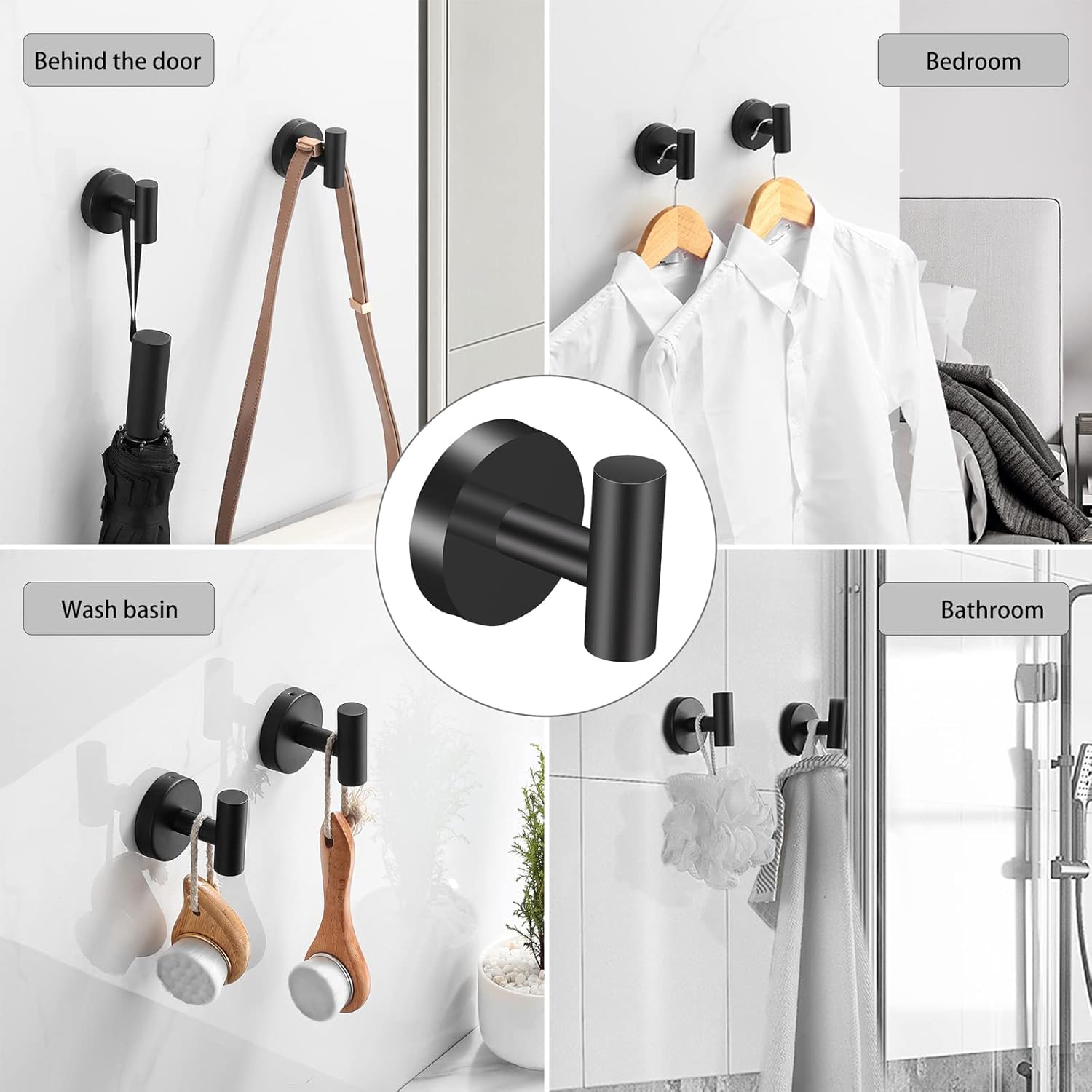 Hinmood 4-Piece Wall-Mounted Robe Towel Hooks Matte Black High-Quality Stainless Steel
