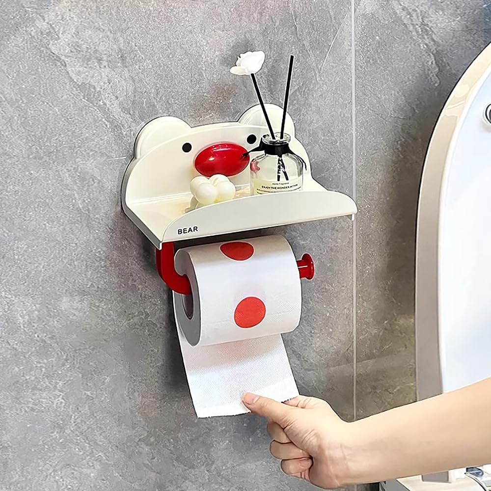 Cute Suction Cup Toilet Paper Holder - Adhesive Mount Organizer for RV Apartment Small Spaces Red