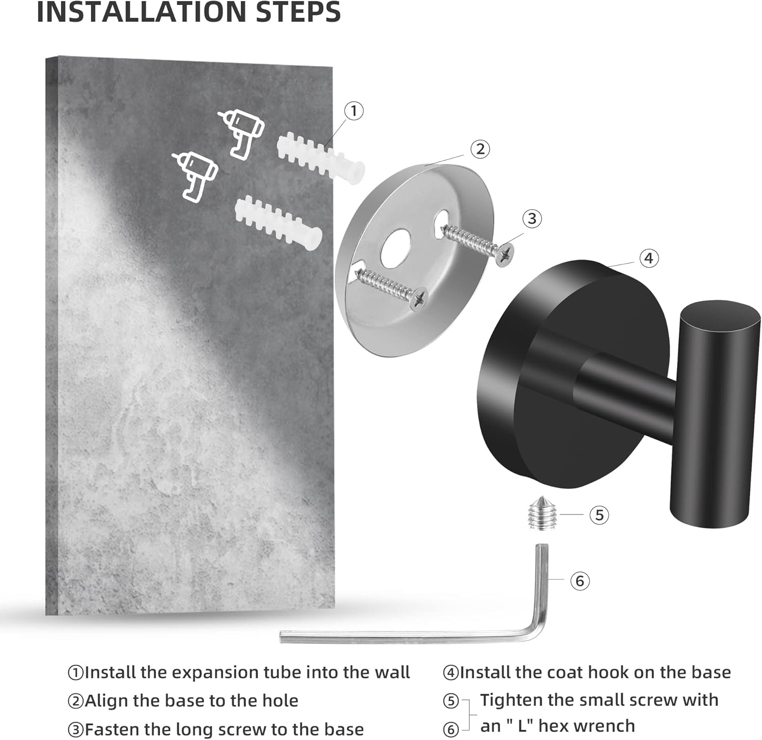 Hinmood 4-Piece Wall-Mounted Robe Towel Hooks Matte Black High-Quality Stainless Steel