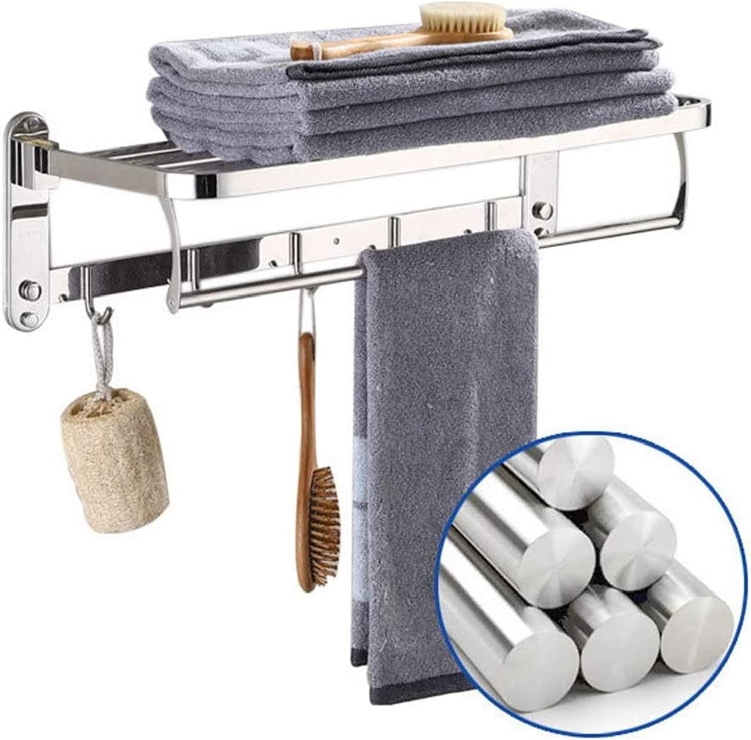 ALDEPO 50cm Collapsible Towel Rail Bathroom or Bedroom Towel Rack with 4 Hanging Hooks Durable Stainless Steel
