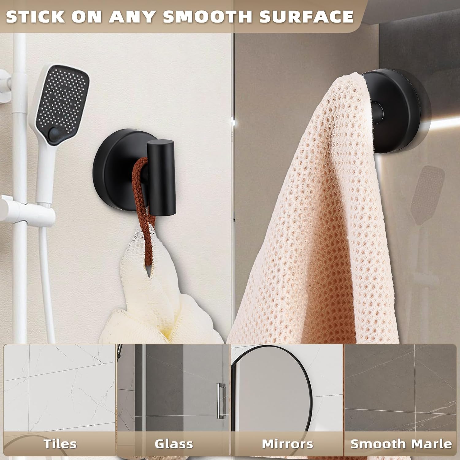 Heavy Duty Suction Cup Shower Hooks for Bathroom - Matte Black 4-Pack with Easy Installation