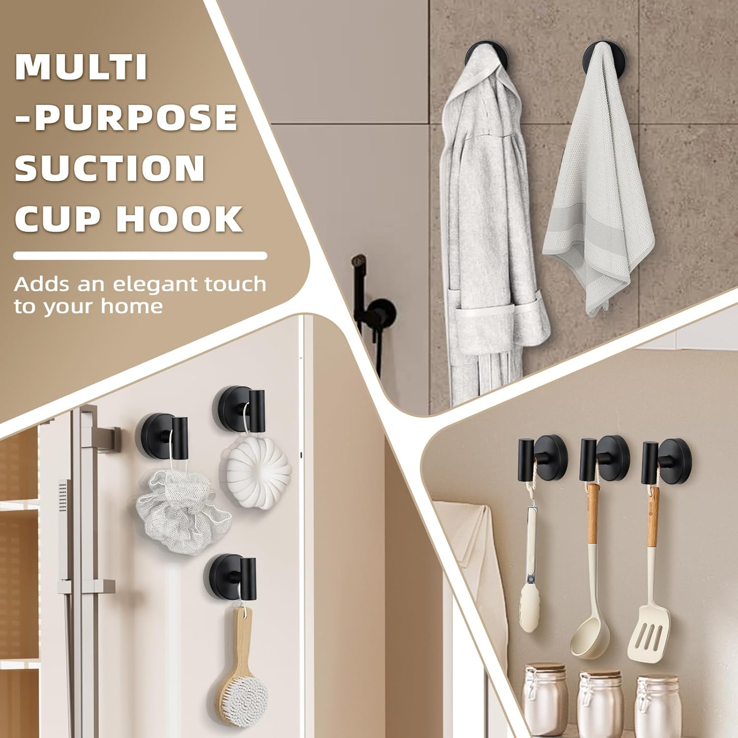 Heavy Duty Suction Cup Shower Hooks for Bathroom - Matte Black 4-Pack with Easy Installation
