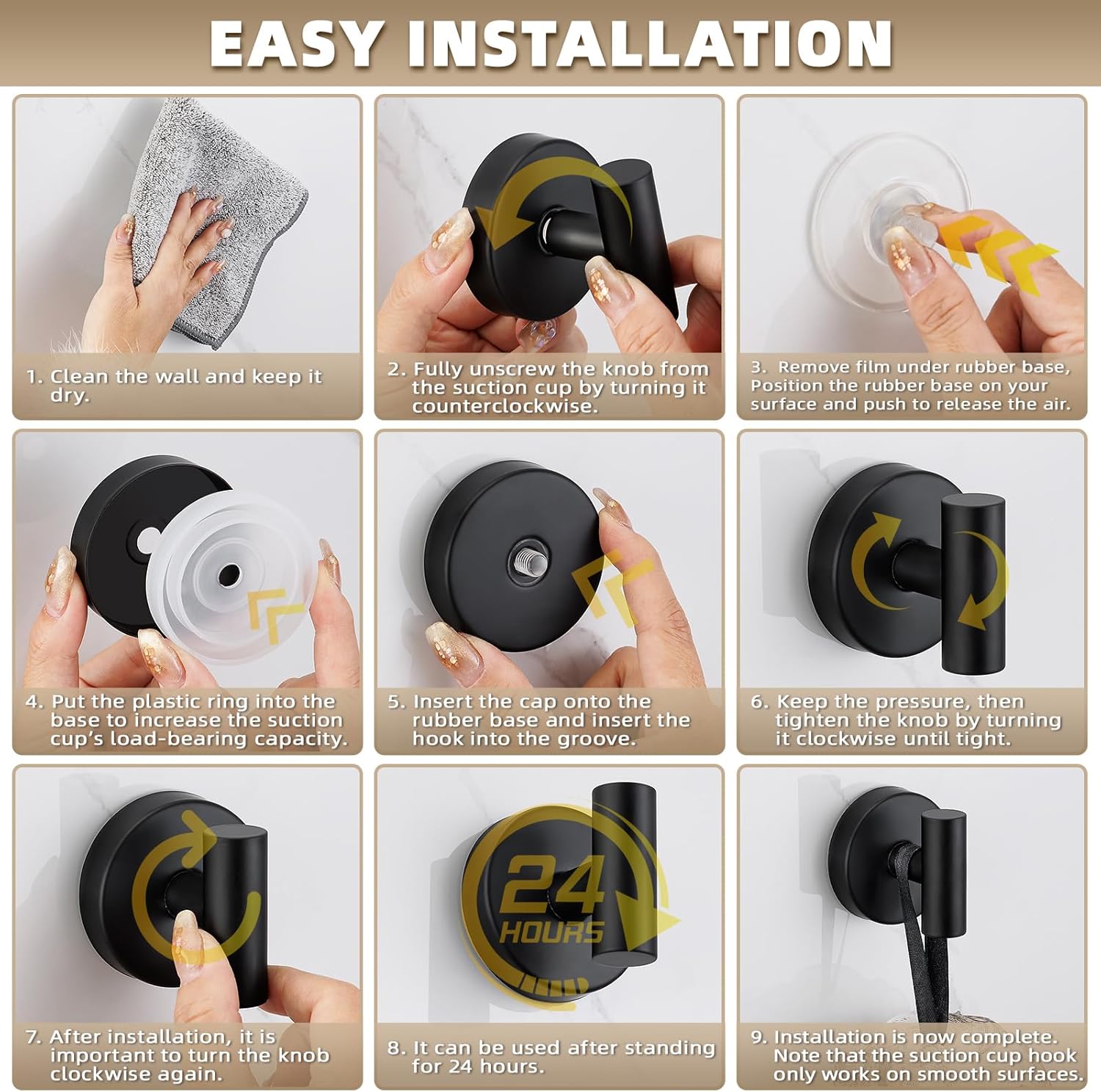 Heavy Duty Suction Cup Shower Hooks for Bathroom - Matte Black 4-Pack with Easy Installation