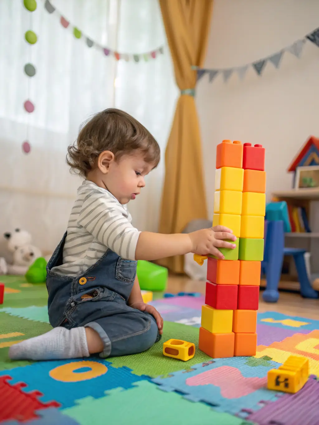 A child happily building a fort with the Imagination Station Building Blocks, using various shapes and sizes to create a unique structure. The blocks are colorful and arranged in a creative, imaginative way.