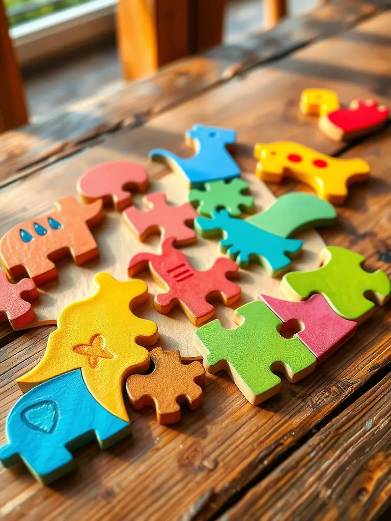 A close-up shot of the Wooden Animal Puzzle, showcasing its vibrant colors and smooth, handcrafted wooden pieces. The puzzle is partially assembled, with a few pieces scattered around to highlight the individual animal shapes.